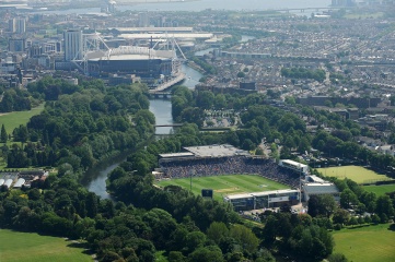 Aerial view of the Cardiff Wales cricket ground during the ICC Champions Trophy cricket match between India and South Africa, with the Millennium Stadium to the rear