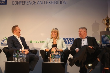 Happy days: Alan Gilpin, Debbie Jevans and Steve Tew enjoy sharing experiences of organising the Rugby World Cup