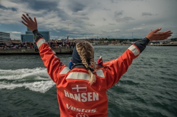 Leg 11, from Gothenburg to The Hague, day 02 on board Vestas 11th Hour. 22 June, 2018. Jena Hansen saluting her home crowd in Aarhus (Photo: Jeremie Lecaudey/Volvo AB)