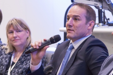 David Grevemberg (right), CEO of the Commonwealth Games Federation speaking at HOST CITY 2015 with Bridget McConnell, Chief Executive of Glasgow Life (left)