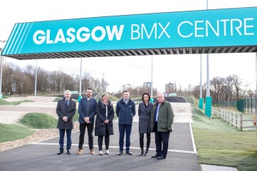 Key partners visit the Glasgow BMX Centre ahead of the 2023 UCI Cycling World Championships taking place in Glasgow and across Scotland. (L-R) Billy Garrett (Director of Sport & Events, Glasgow Life);  Brian Facer (CEO, British Cycling); Trudy Lindblade (CEO 2023 UCI Cycling Worlds); David Lappartient (UCI President); Amina Lanaya (UCI Director General); Paul Bush (Chair, 2023 UCI Cycling Worlds)