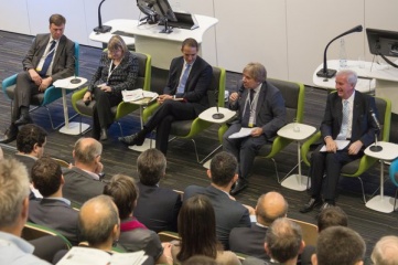 Karel Bartak, Bridget McConnell CBE, David Grevemberg CBE, Mike Lee OBE and Sir Craig Reedie CBE on the opening panel of Host City 2015