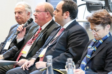 Paul Bush OBE speaking at Host City 2016, with Francesco Ricci Bitti, Dimitri Kerkentzes and Sarah Lewis