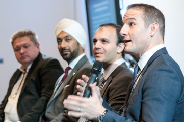 Pictured speaking at Host City 2016 (right to left): David Grevemberg, CEO of the Commonwealth Games Federation; Itay Ingber of Matchvision; Kulveer Ranger of Atos; and Marc Webber of audioBoom