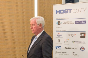 WADA President Sir Craig Reedie speaking to broadcast media at HOST CITY 2015 conference and exhibition