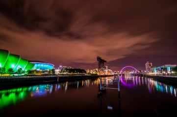The SSE Hydro (lit up in blue) in Glasgow, operated by AEG Europe, plays host to national and international music mega stars, as well as family entertainment and sporting events