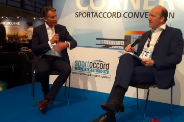 IAAF president Lord Sebastian Coe (left) in conversation with David Eades at SportAccord Convention