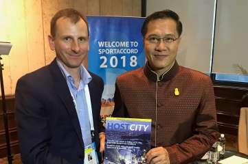 Ben Avison (left) and Thailand’s Sports and Culture Minister Weerasak Kowsurat at SportAccord (Photo: Host City)