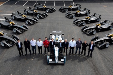 Formula E CEO Alejandro Agag, centre left, with team at the opening of the headquarters in Donington Park