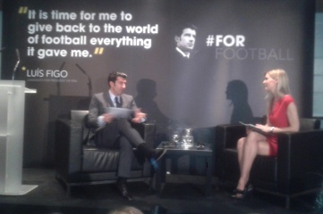 Luis Figo speaking at the launch  of his manifesto at Wembley Stadium last week