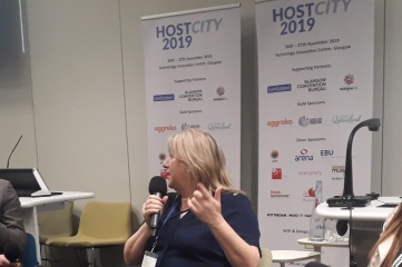 Katie Sadleir speaking at Host City 2019. The world's largest meeting of cities and sports, business and cultural events returns to Glasgow on 7-8 December 2021