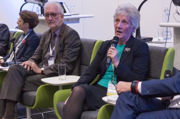 Louise Martin CBE speaking at Host City conference, with UCI President Brian Cookson and FIS Secretary General Sarah Lewis