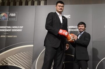 Yao Ming and Manny Pacquiao at the 2019 FIBA Basketball World Cup Host Announcement Ceremony